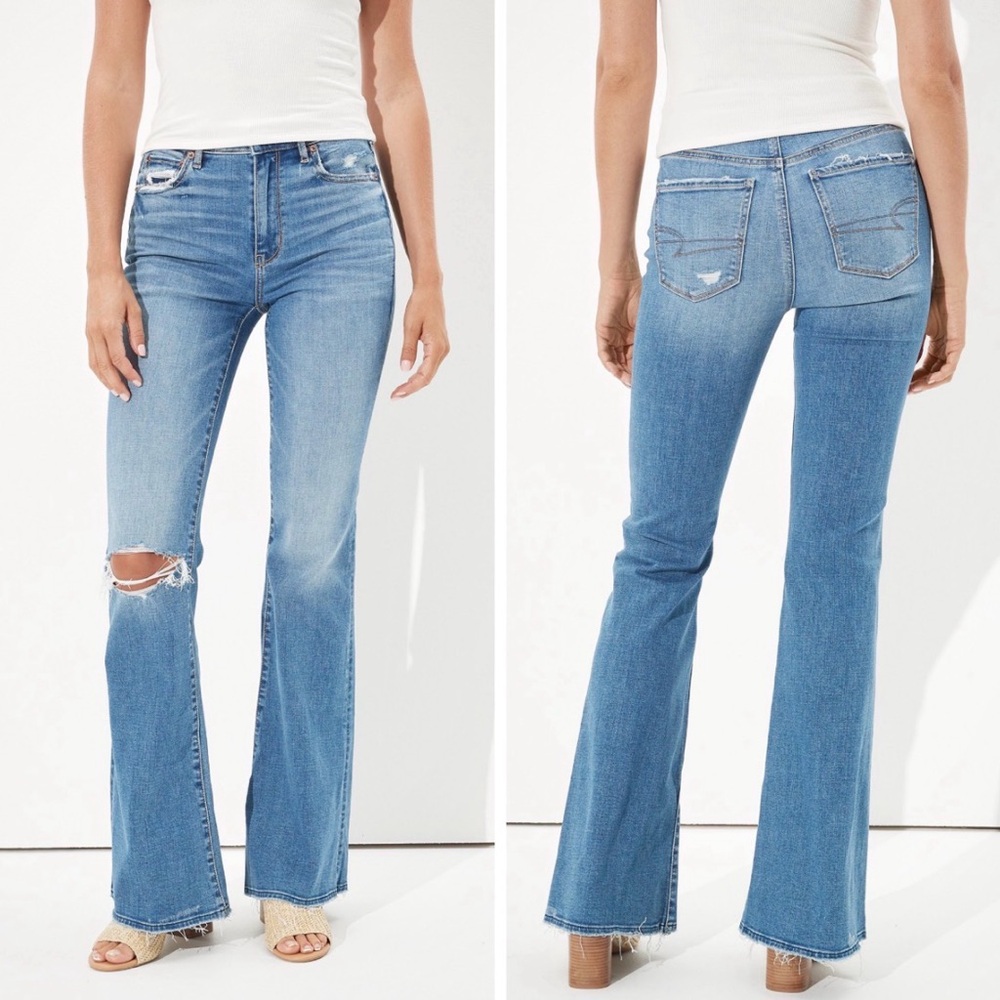 American Eagle Stretch Super High Rise Flare Blue Jean Sz 18 Comfort Medium Wash